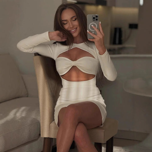European and American cross-border foreign trade autumn and winter women's clothing new fashion sexy hollow round neck long sleeve slit hot girl dress women