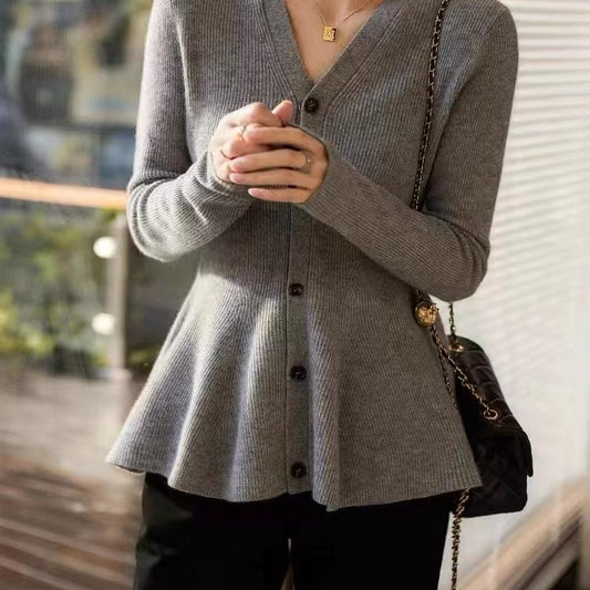 Temperament: fishtail ruffle pendulum long-sleeved knitted cardigan 24 spring and autumn new fashionable V-neck slim waist outside the sweater mod