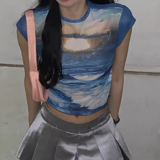 Sweet style round neck sleeve cherry petit fours blue t-shirt ins fashion summer fungus side crop top babes mod