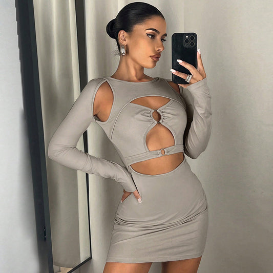 European and American cross-border sexy babes with cutout rings on their chests to highlight their figures, milk silk slim hip wrapping dress