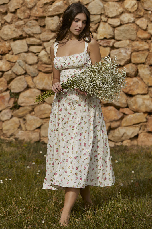 S32126 New Spring and Summer Women's European and American Style Suspenders Short Sleeve Wrap Chest Small Floral Print Dress Long Skirt mod