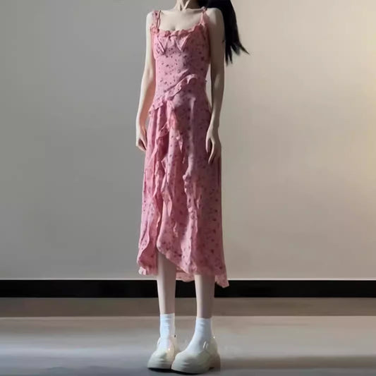 Tea Break French Floral Dress Women's Summer 2024 New Slimming Waist Design Niche Ruffle Slip Dress mod