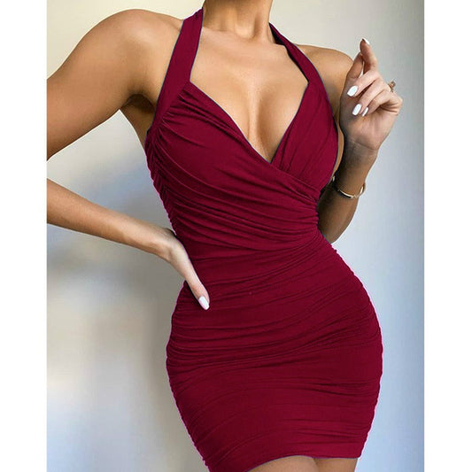 21 years of Amazon wish cross-border Europe and the United States independent station summer new fashion solid color V-neck halterneck dress