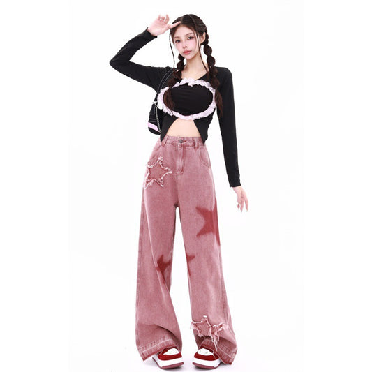 American retro five-star embroidered raw edge low-rise jeans women's autumn dopamine wear dirty pink wide-leg pants mod