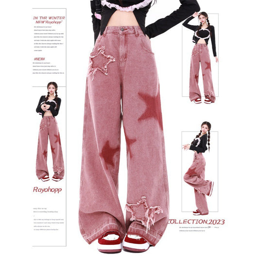 American retro five-star embroidered raw edge low-rise jeans women's autumn dopamine wear dirty pink wide-leg pants mod