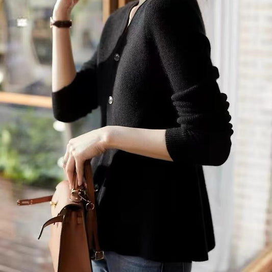 Temperament: fishtail ruffle pendulum long-sleeved knitted cardigan 24 spring and autumn new fashionable V-neck slim waist outside the sweater mod