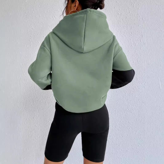 2024 Cross-border Fall/Winter New Color Block Stitched Kangaroo Pocket Drawstring Loose Casual Hooded Sweatshirt Women's Top