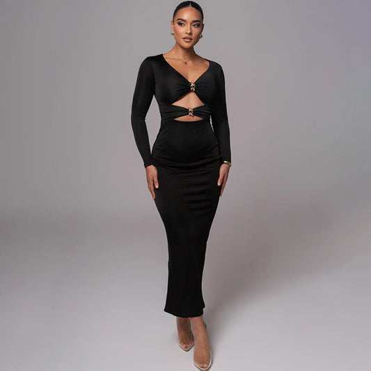 New European and American Cross-border Temperament Sexy Slit Middle Cutout Dress Long Sleeve Slim Dress Women Wholesale