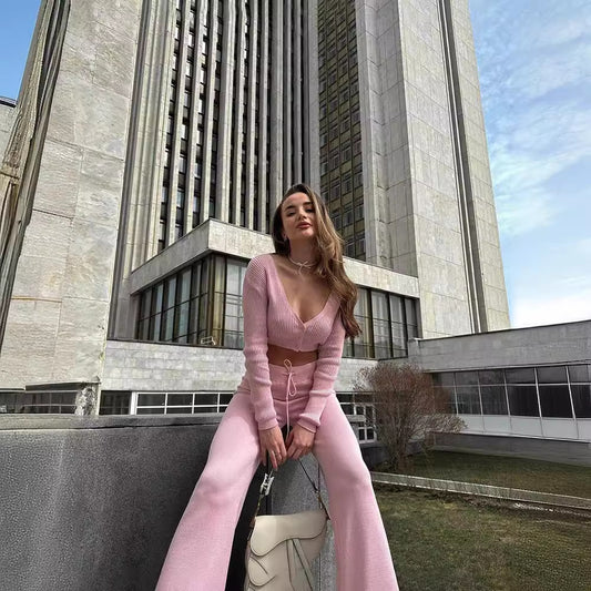 AliExpress independent station women's knitted ladies long sleeved v-neck sweater cardigan trousers two-piece fashion suit women