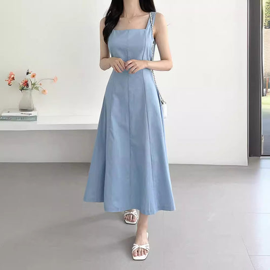 korean chic summer elegant temperament square neckline tie waist slim solid color denim vest dress long skirt women mod