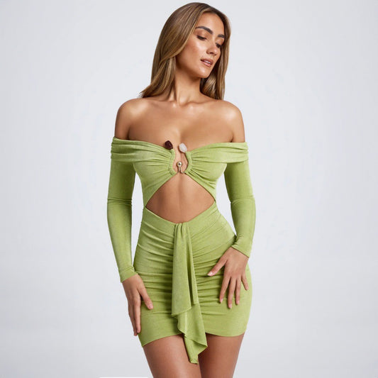 2024 European and American foreign trade women's cross-border autumn and winter bandeau long sleeves hollow belly sexy shirred hip skirt women