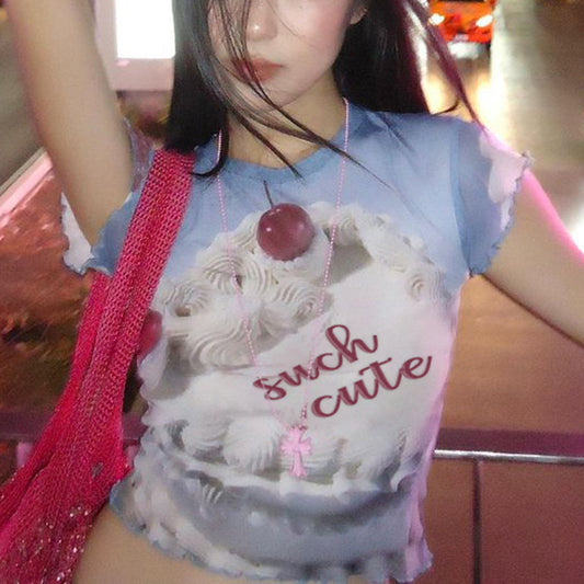 Sweet style round neck sleeve cherry petit fours blue t-shirt ins fashion summer fungus side crop top babes mod