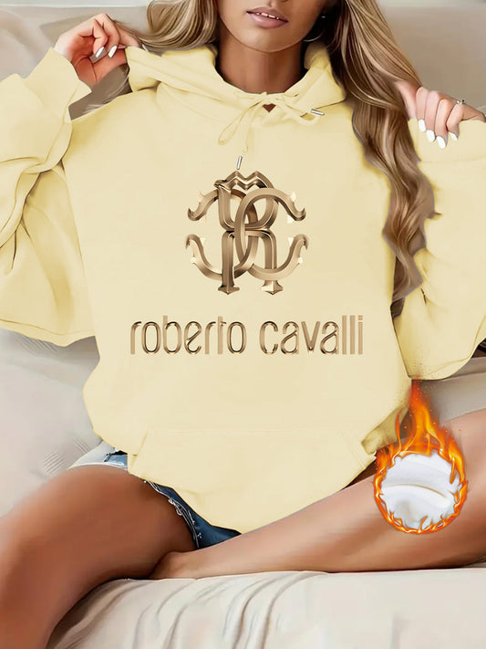 Cross border European autumn and winter women's kangaroo pocket hooded long sleeve fleece sweatshirt top fashion print