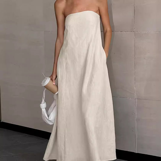 Summer new resort style French dress khaki cotton linen bandeau backless long skirt women's Europe and the United States cross-border wholesale mod
