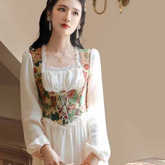 French temperament, court style, retro floral thin dress, sweet high-end milk sweet tea break on the run, princess dress mod