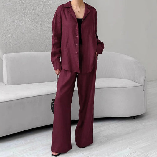 Cotton and linen new lapel loose long sleeve trousers casual set  European and American fashion cross-border wholesale two-piece set for women