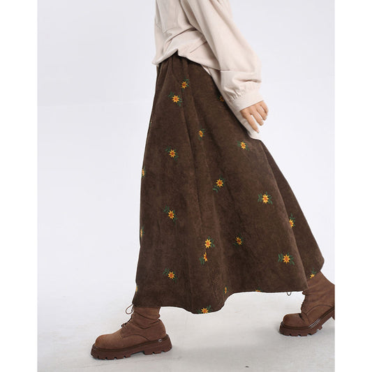 Vintage brown corduroy skirt A-line skirt early autumn embroidery floral forest first love over-the-knee long skirt mod